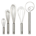 Five Specialty Whisks of varying shapes and sizes are lined up vertically against a white background, highlighting their versatility as mixing tools.