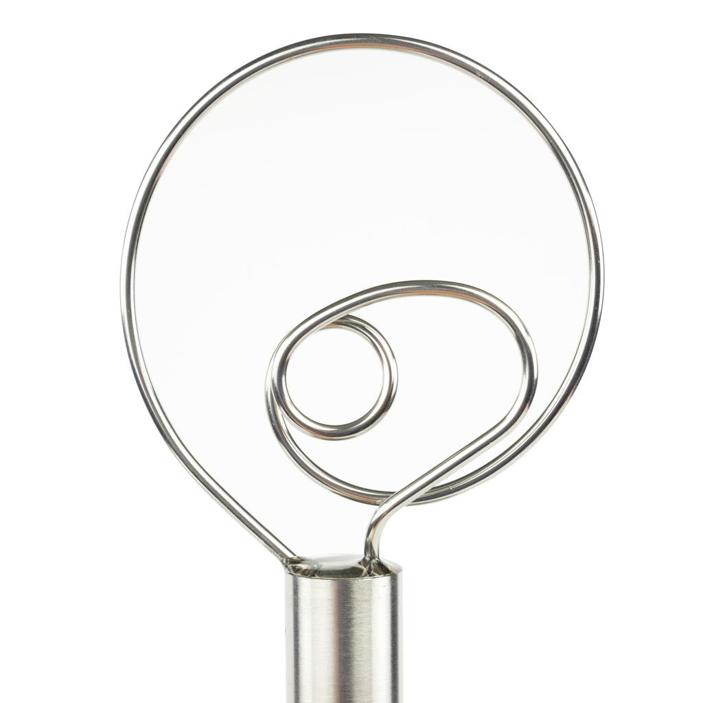 The Specialty Whisks is a stainless steel mixing tool with a circular and spiral loop design on a metal handle, shown against a white background.
