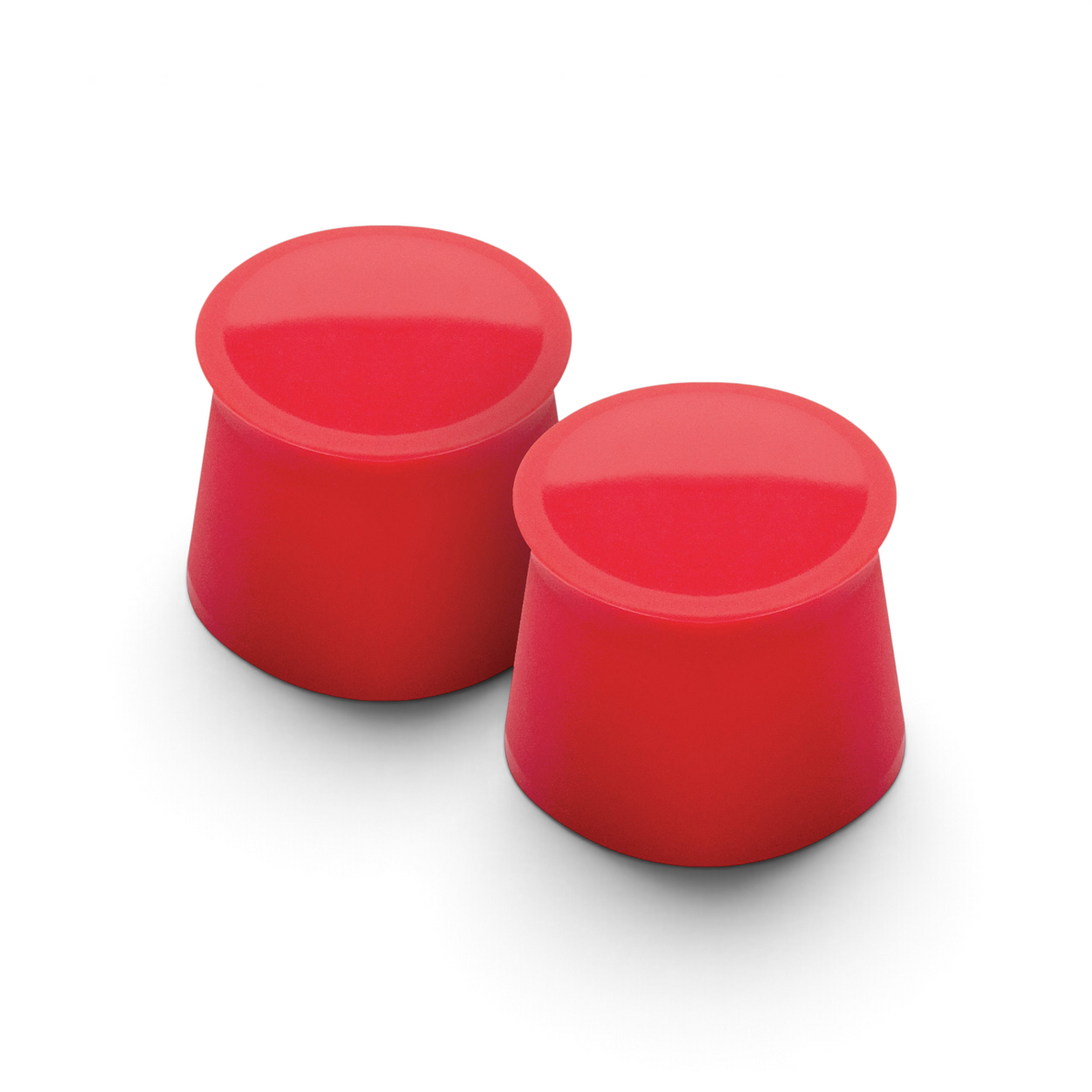 Two red Silicone Wine Caps, cylindrical with slightly wider bases and flat tops, are placed side by side on a white background—perfect for keeping wine fresh.