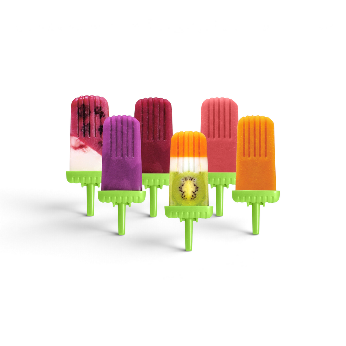 Six vibrant homemade popsicles in Pop Molds, each with layers of fruit and color—including one with a kiwi slice—stand upright on a white background, showcasing the perfect way to make frozen treats with Pop Molds.