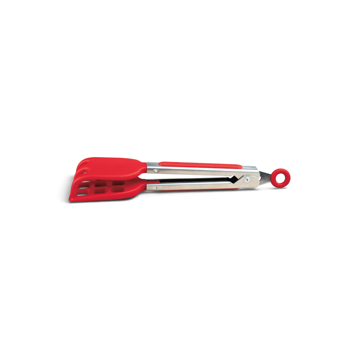 Mini Waffle Tongs in red and silver silicone with a non-slip grip and slotted tips, shown closed on a white background—ideal as waffle maker accessories or for use as waffle tongs.