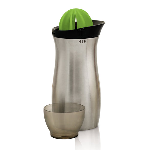 A stainless steel Cocktail Shaker with a green built-in reamer on top and a matching translucent cup beside it, both on a white background—ideal for mixing professional quality cocktails at home.
