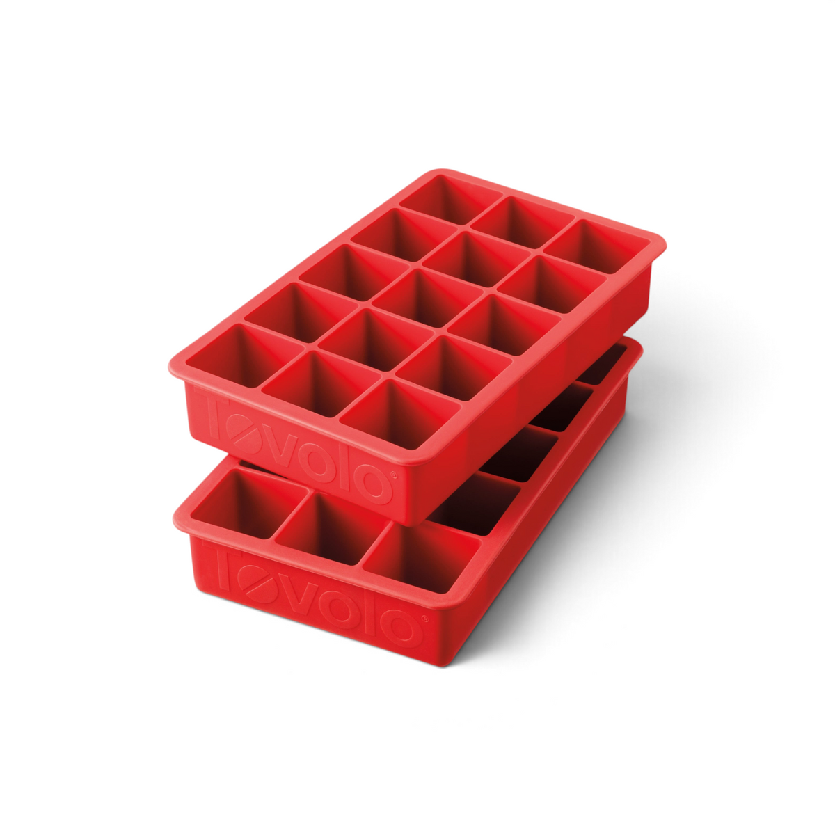 The tovolo Perfect Cube Silicone Ice Mold (Set of 2) features red, food-grade silicone ice trays.