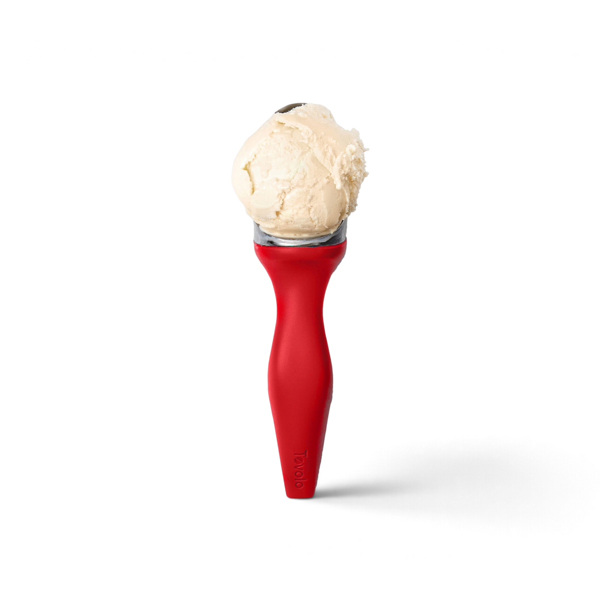 The Tilt Up Ice Cream Scoop, made of zinc alloy with a red handle, holds a single scoop of vanilla ice cream, isolated on a white background for easy scooping.