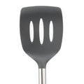 A close-up of the tovolo Silicone and Stainless Steel Slotted Turner with three vertical slots and a stainless steel handle, displayed against a plain white background.