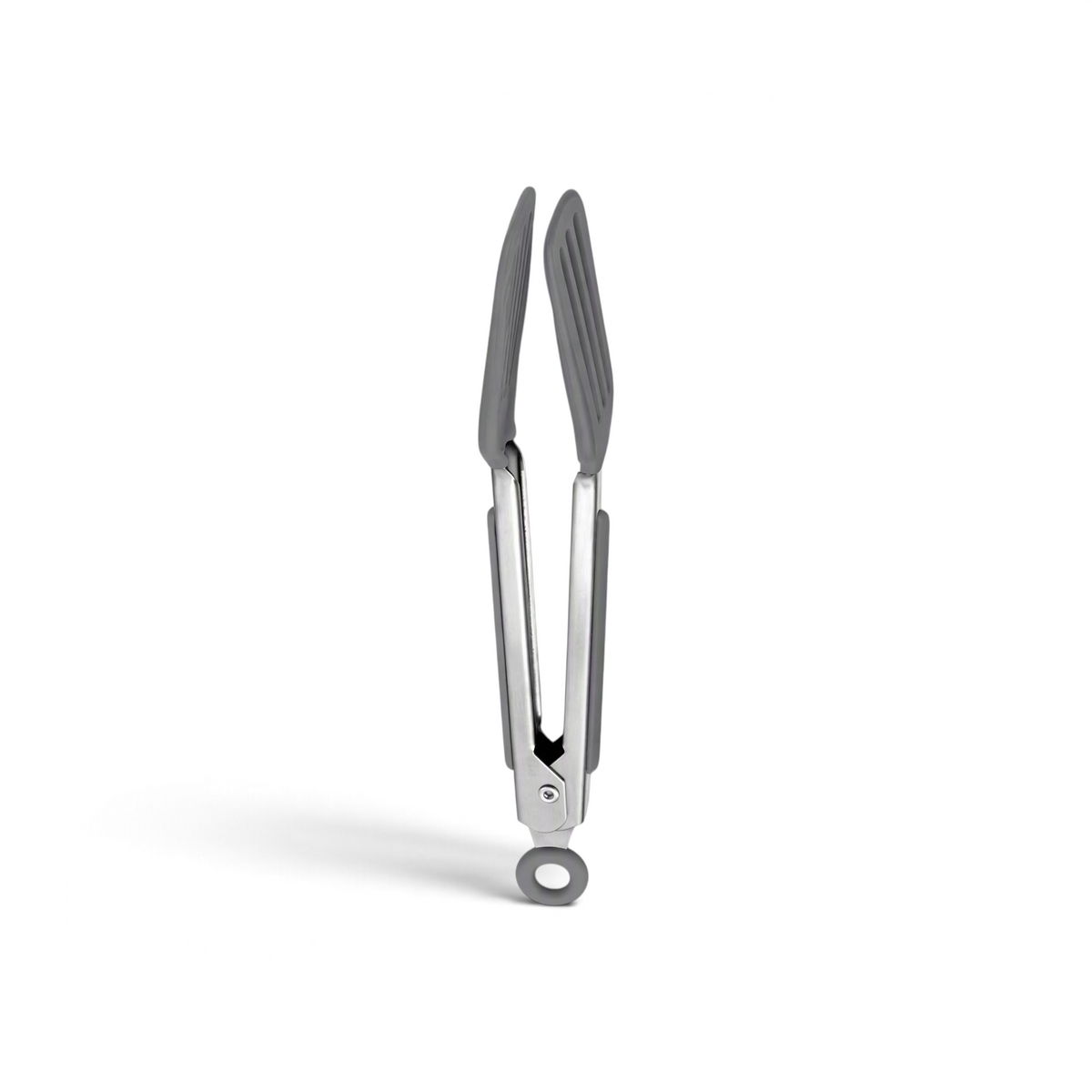 Tovolo Mini Turner Tongs in grey with silicone heads and stainless steel arms, featuring a locking pull ring.
