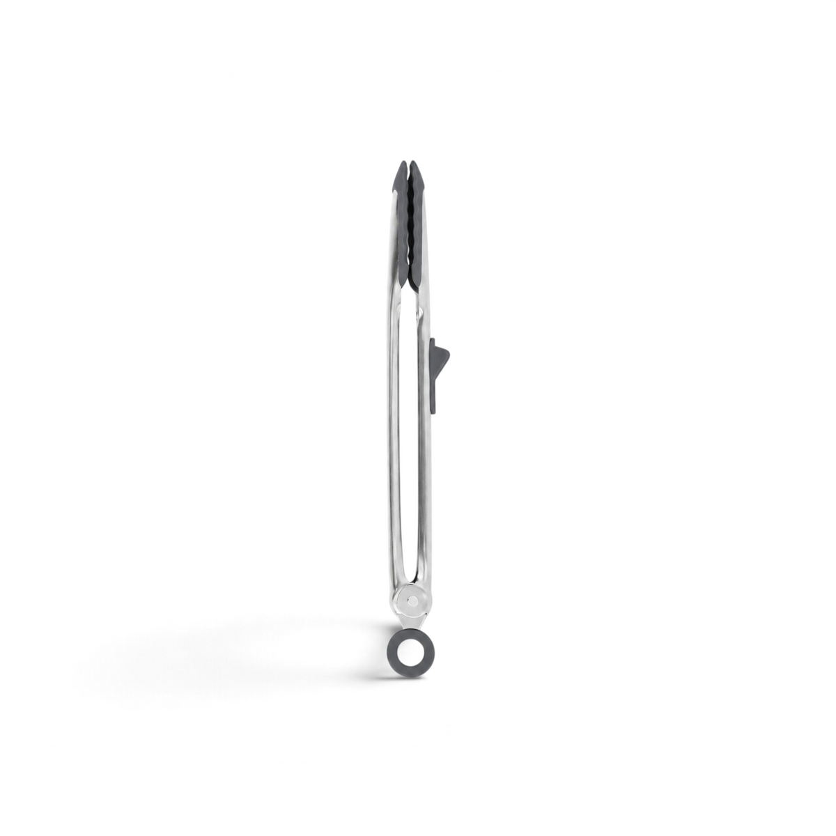 Tovolo Tip Top Tongs in a closed, locked position featuring heat-resistant silicone tips and stainless steel body.