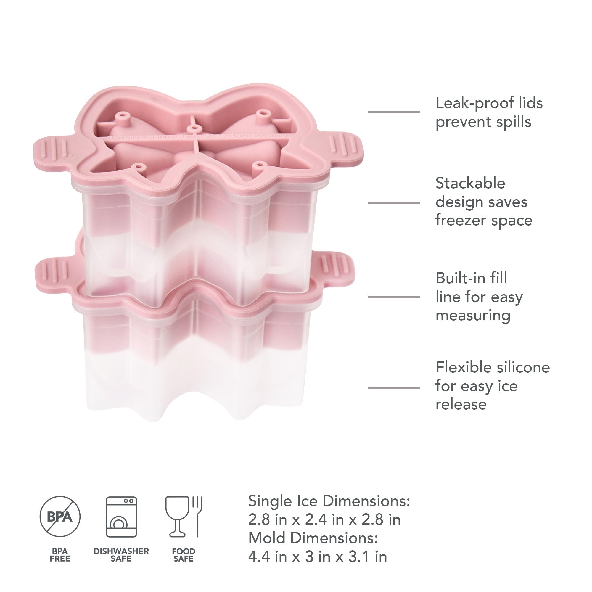 The tovolo Fancy Bow Ice Mold (Set of 2) features pink and white, BPA-free silicone molds with leak-proof lids, a stackable design, easy-fill lines, and flexible silicone for easy ice release. Dishwasher safe and food safe—perfect for creative drinks.