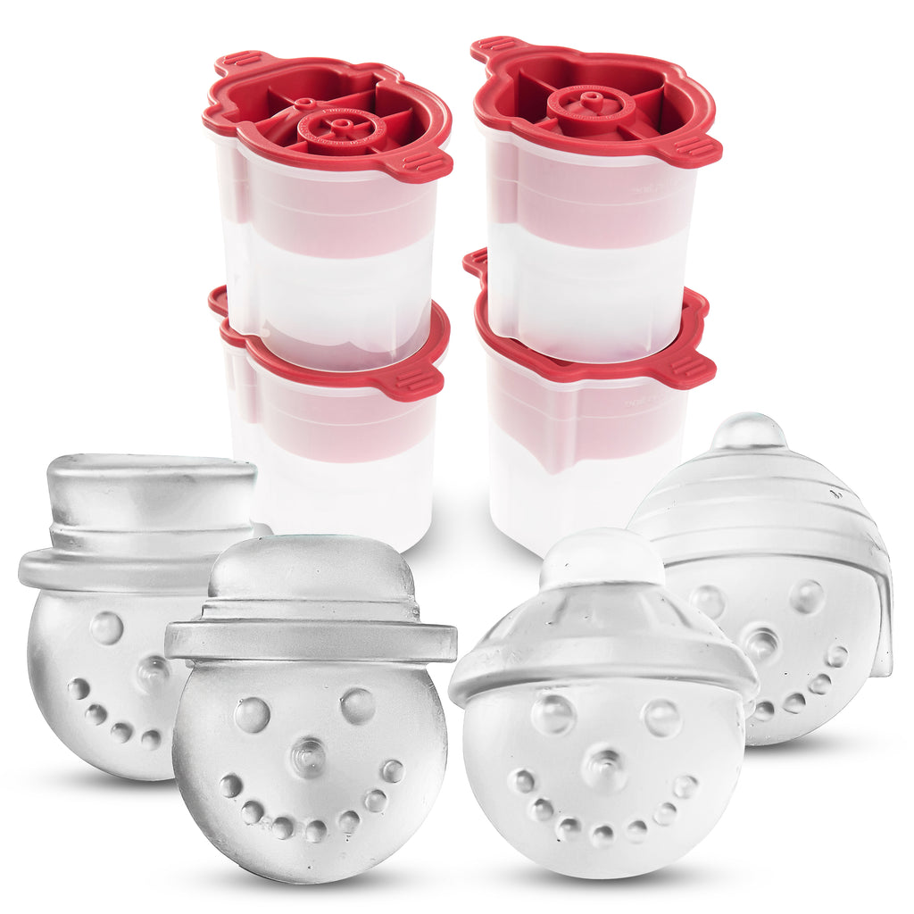 The tovolo Snowman Ice Molds (Set of 4) create festive, smiling snowman ice cubes with unique hats—perfect for holiday cheer or as a fun Christmas gift.