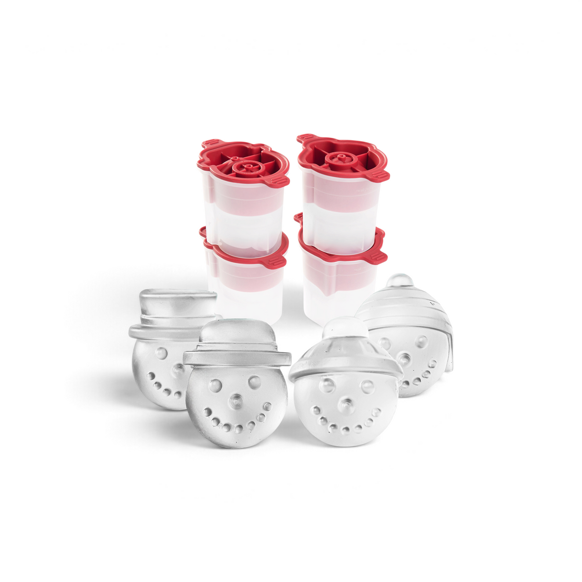 The tovolo Snowman Ice Molds (Set of 4) create festive, smiling snowman ice cubes with unique hats—perfect for holiday cheer or as a fun Christmas gift.