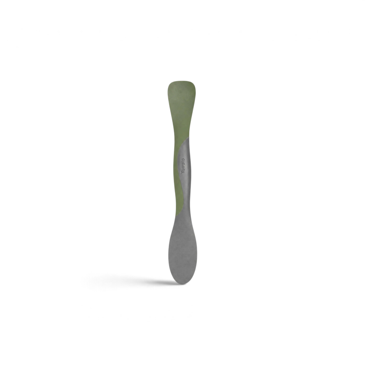 Tovolo Scoop and Spread kitchen tool in olive green and grey for scraping, stirring, and spreading ingredients.