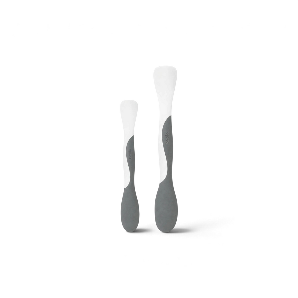 Tovolo Scoop and Spread 2-pack featuring large and mini grey and white silicone kitchen tools for scraping and stirring
